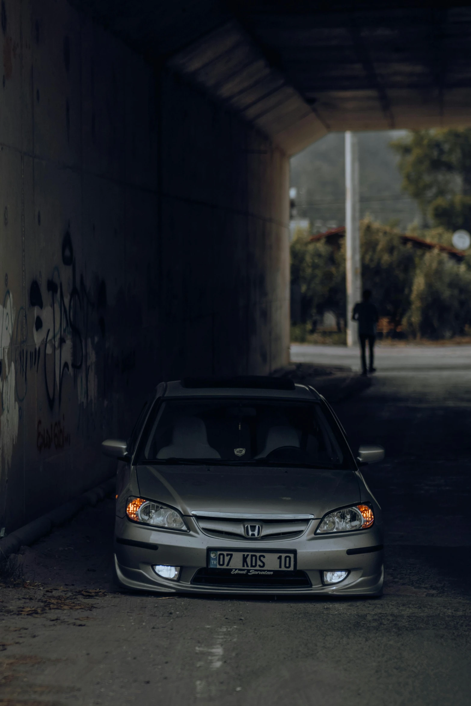 the car is parked in the tunnel