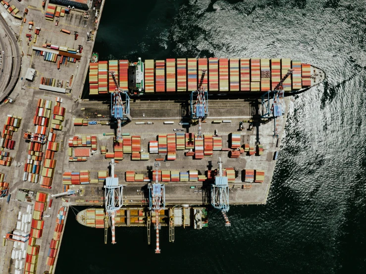 an aerial s of cargo containers at a harbor