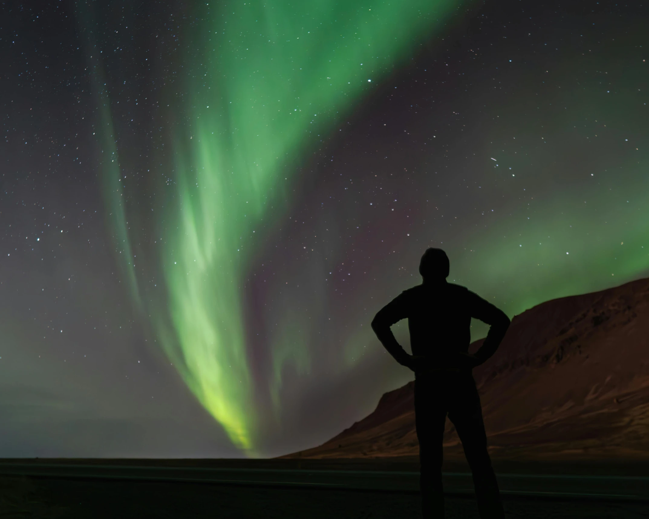 a person looks up at a bright aurora sign