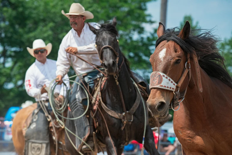 two cowboys and a horse at a rodeo