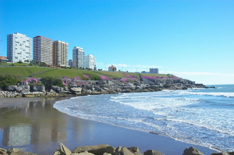 a city on the beach with buildings behind it