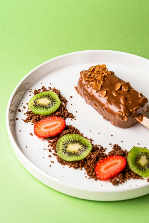 a white plate topped with a chocolate sundae and slices of fruit