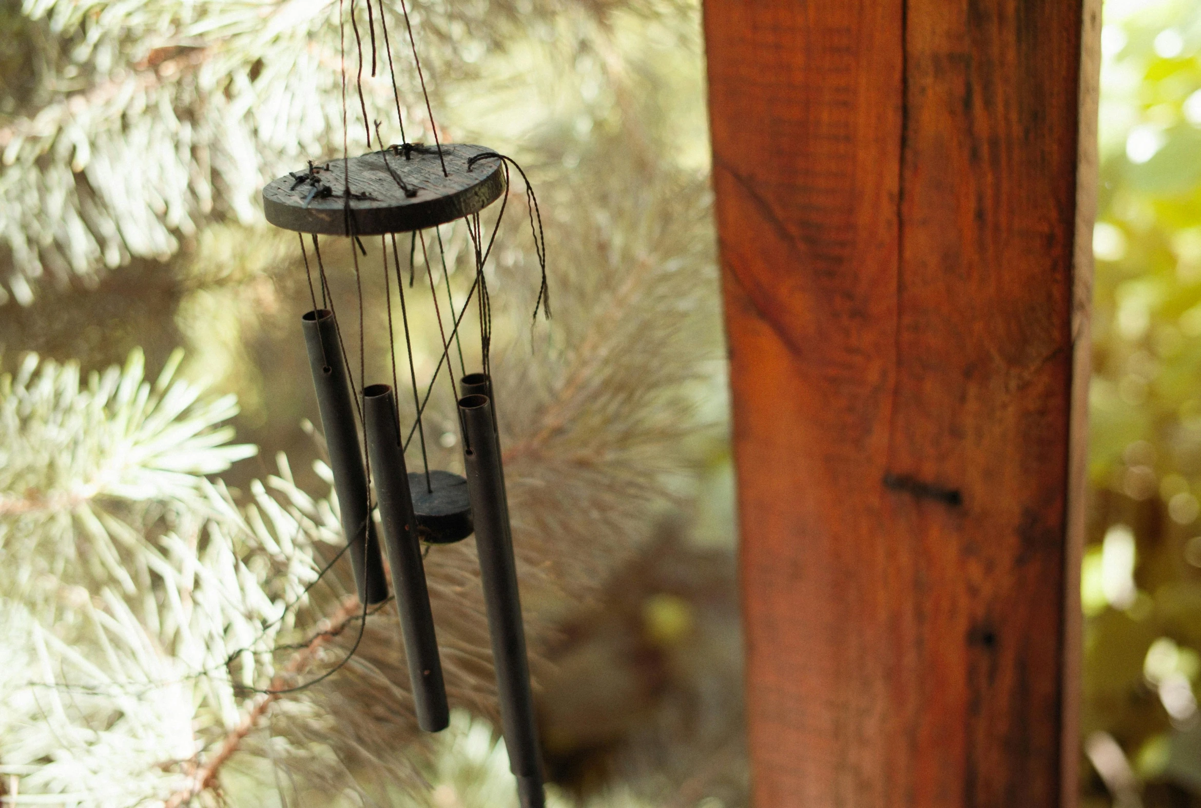 a wind chime hanging on a post in front of pine trees