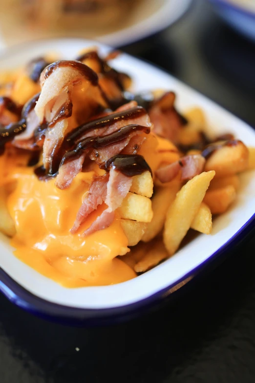 plate of fries covered in bacon and cheese