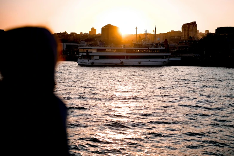 the woman is looking at the skyline from the water