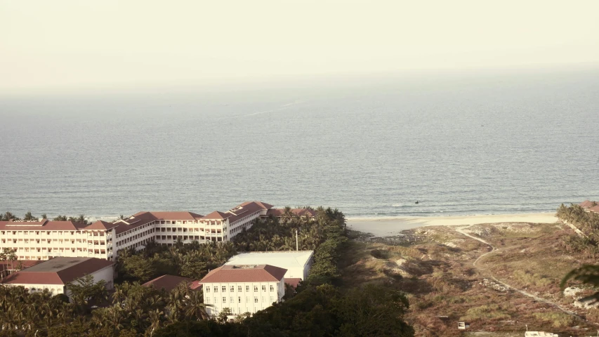 an aerial view of resort and ocean