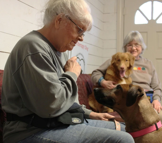 an elderly man in glasses and his dog look at a remote