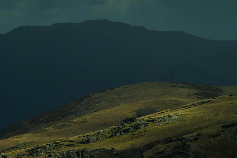 a lone black horse standing in a valley on a hill