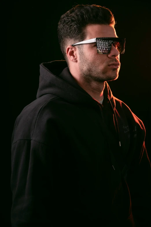 a man wearing shades against a black background