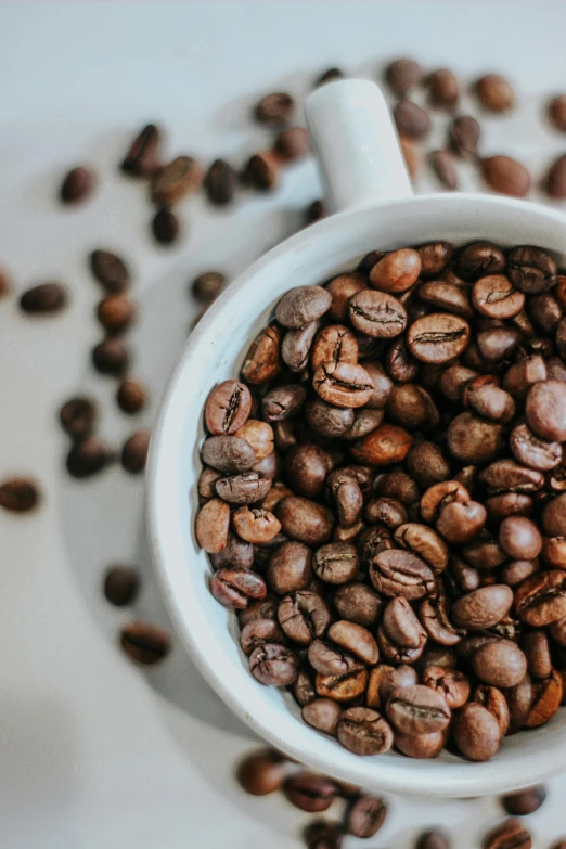 a cup filled with lots of roasted coffee beans