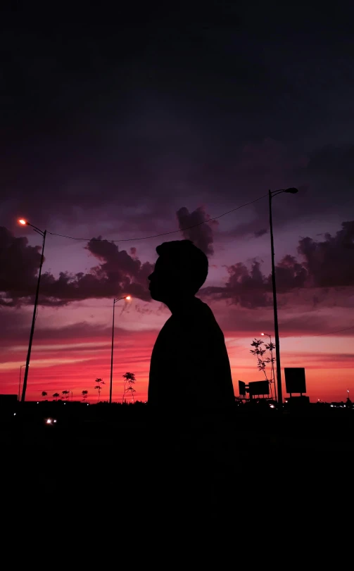 a man standing under a purple sky at night