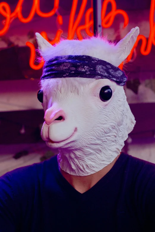 a man is wearing a llama mask and has a black t - shirt