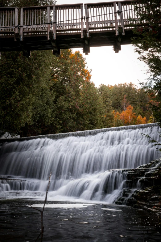 waterfall with bridge over it and a person in the water