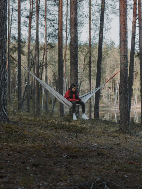 a man sitting in a hammock between trees