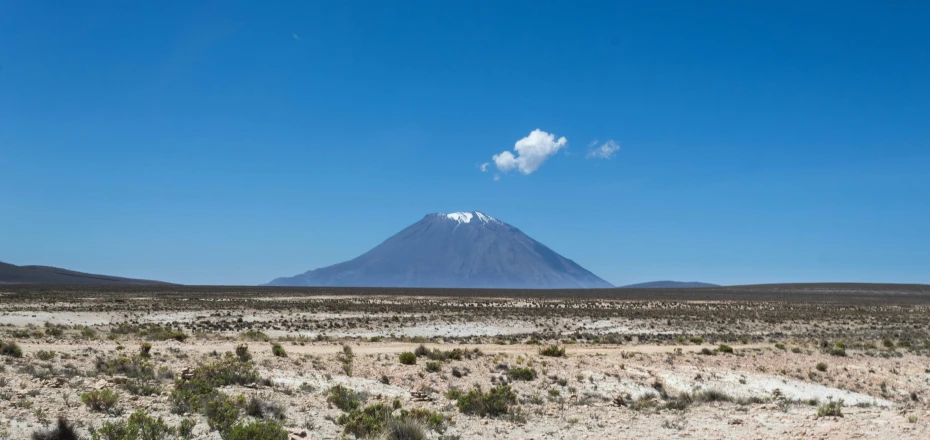 an arid plain with a distant, white volcano in the distance