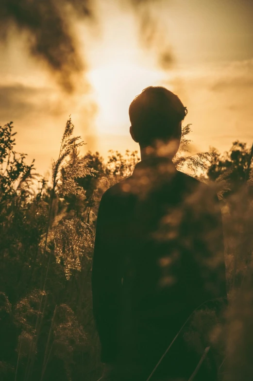 man standing in tall grass during sunset or dawn