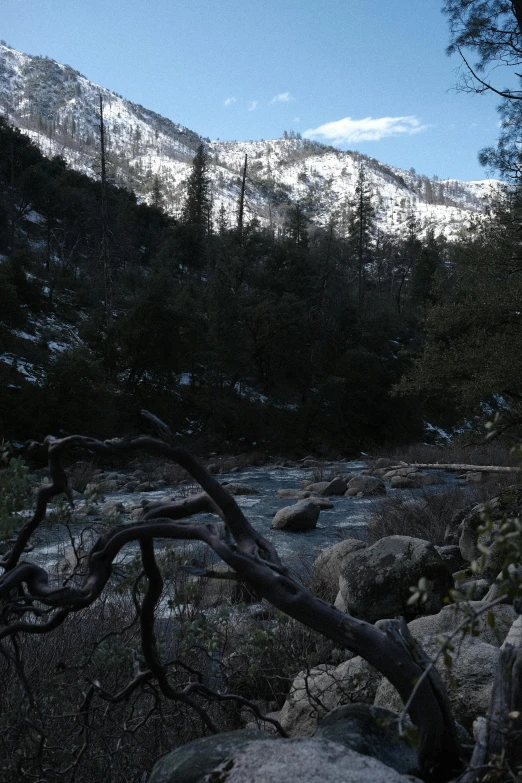 a stream running through the mountains surrounded by rocks and trees