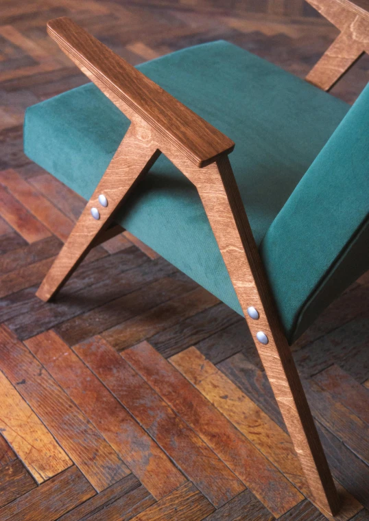 a chair with wood and turquoise colored fabric