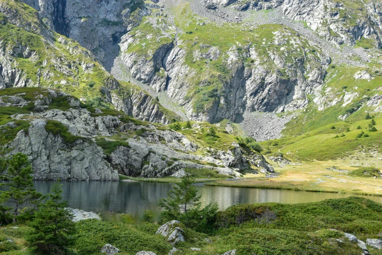 mountains covered in grass and a body of water