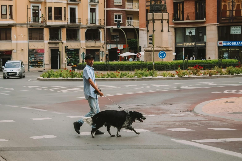 man walking two dogs down the street