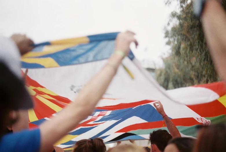 people are holding flags outside in the street