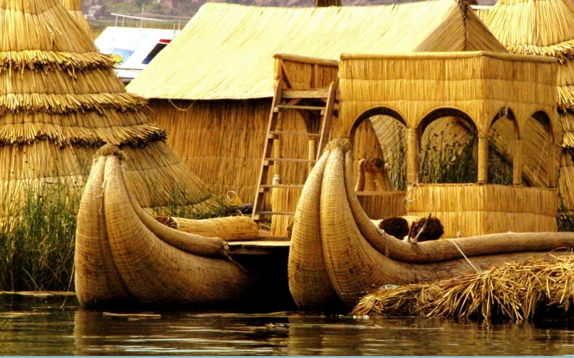 boats that are made from grass reeds in the water