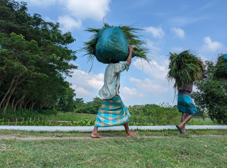 the woman in the blue dress is carrying a basket over her head