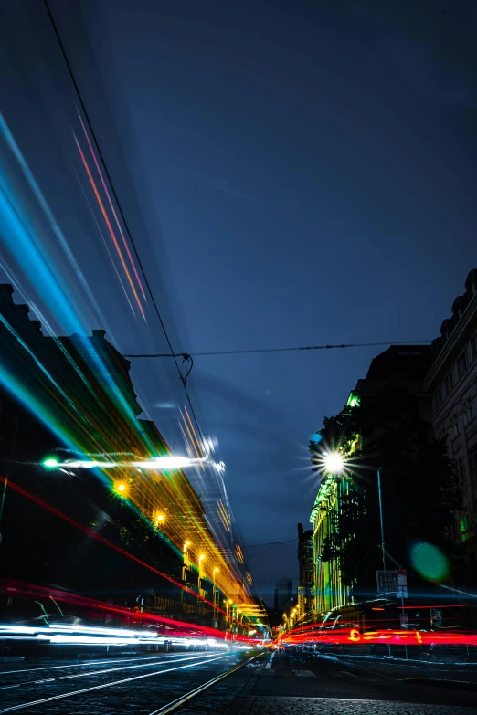 a street is shown as long exposure shows lines of lights at the street