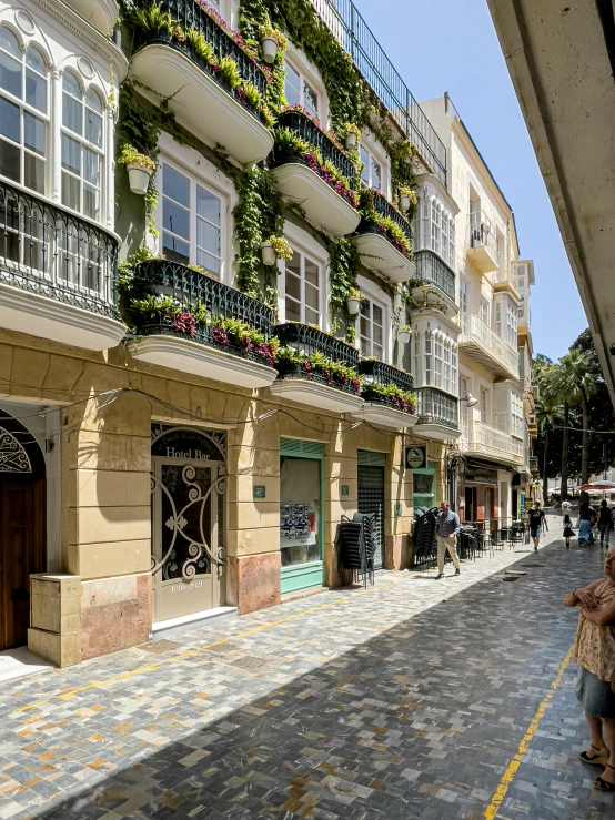 a building on a street is decorated with plants