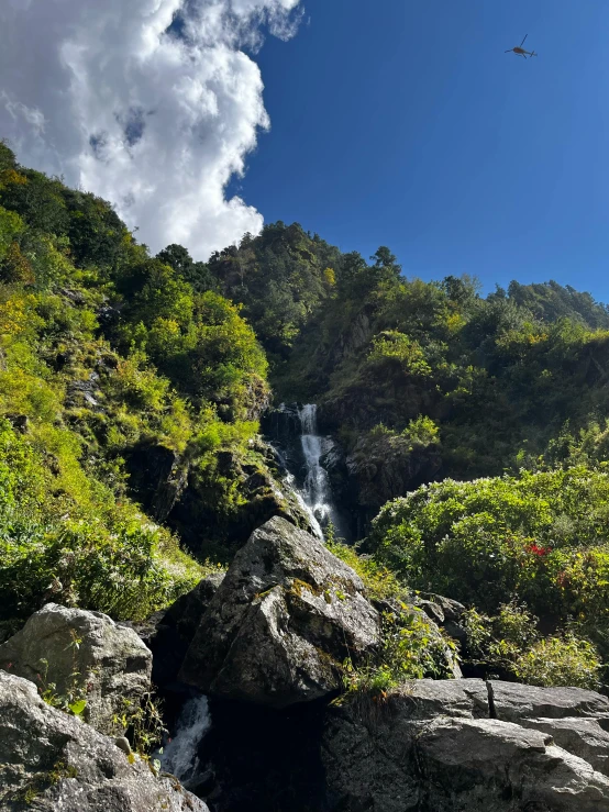 there is a small waterfall that has fallen from it's cliff