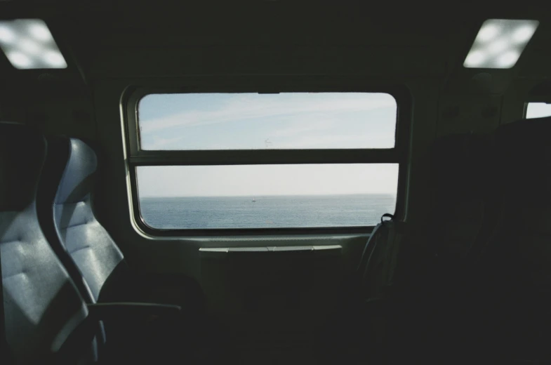 a view out a passenger car window onto the ocean