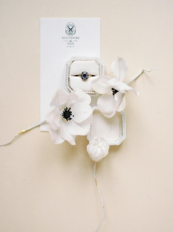 three white flowers are tied to a white wall