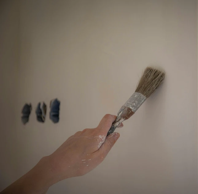 hand with brush pointed at small wall, multiple different shoes hanging from hooks