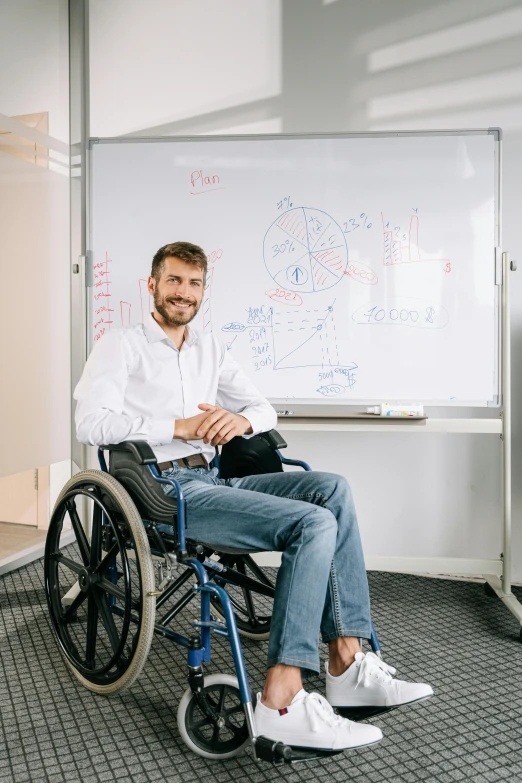 a man with his leg up in a wheel chair