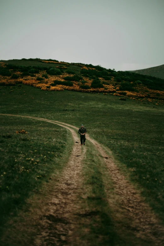 a man riding a bike down a grassy hillside