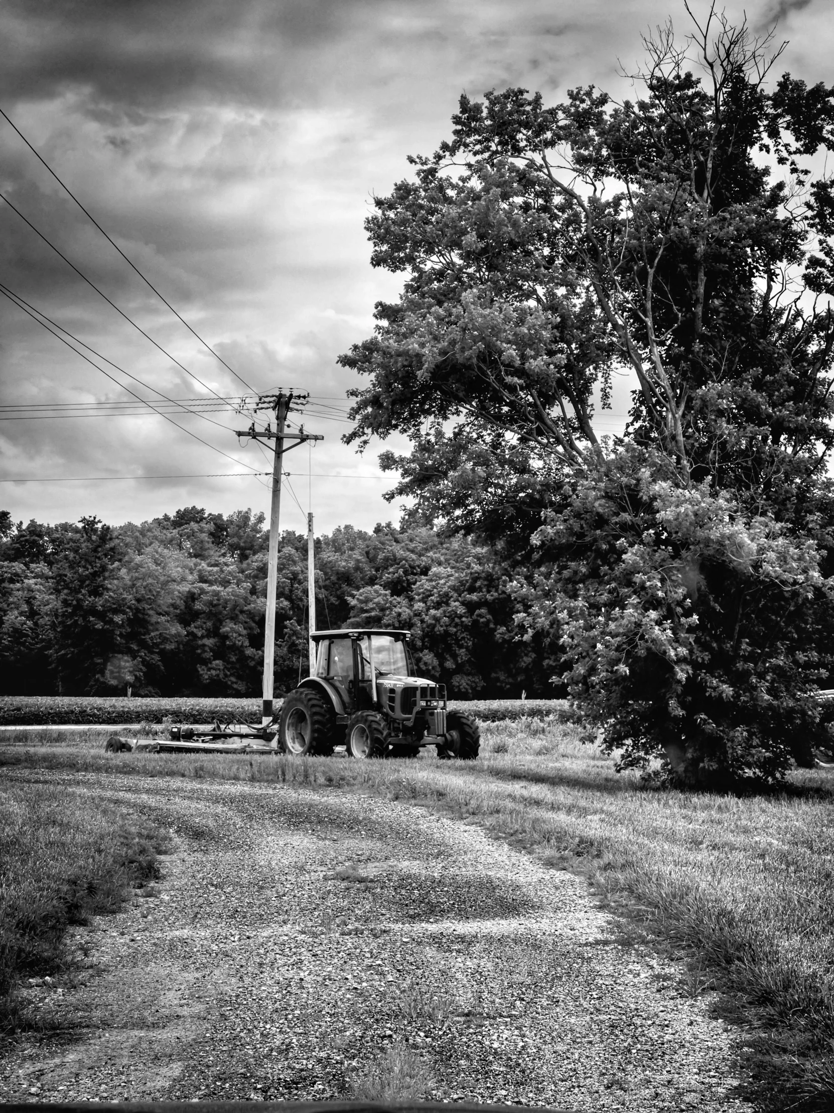 a black and white po of a utility truck