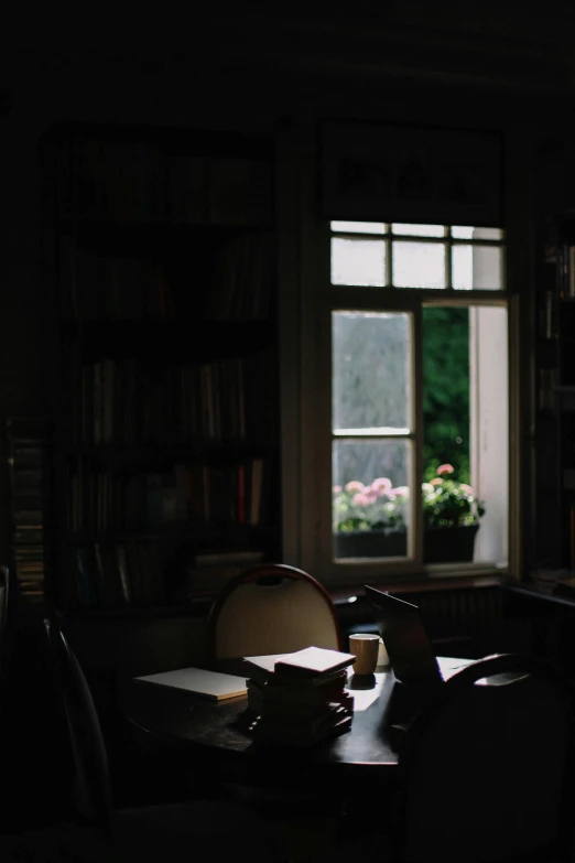 a room full of dark books, a computer and a desk