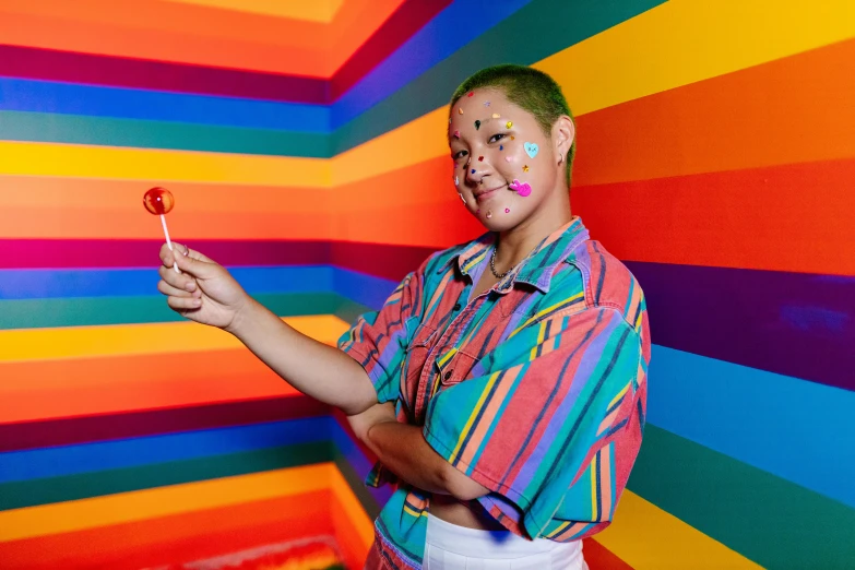 a man holding a red lollipop in front of rainbow colored wall