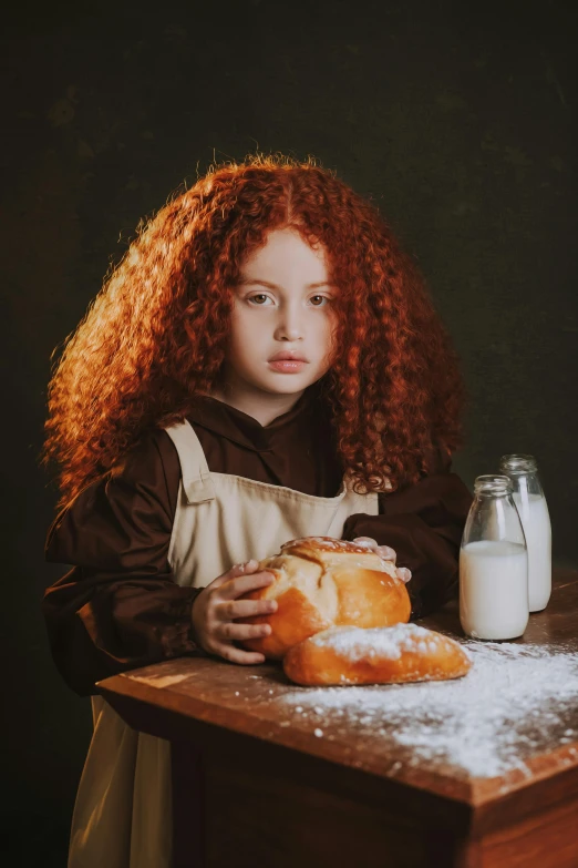 a  sits at a table with her hands on bread and a bottle of milk