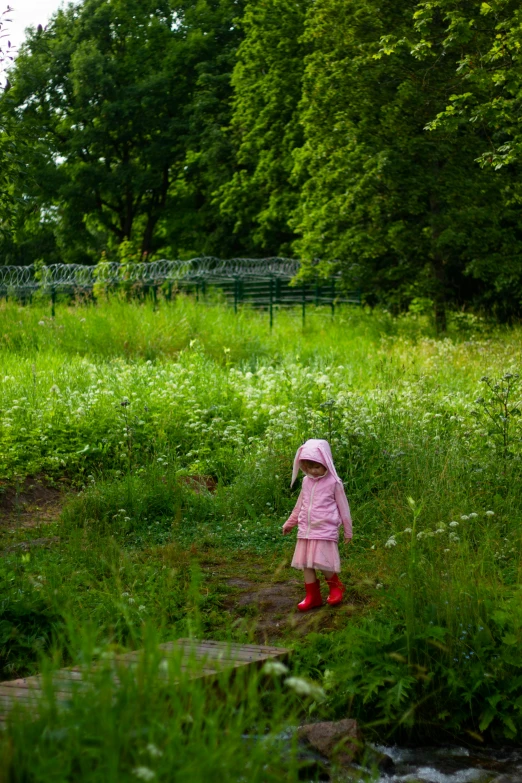 a little girl dressed in pink walking across a field