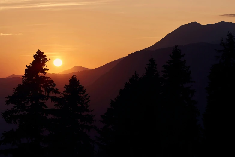a setting sun over the mountains with tall pine trees