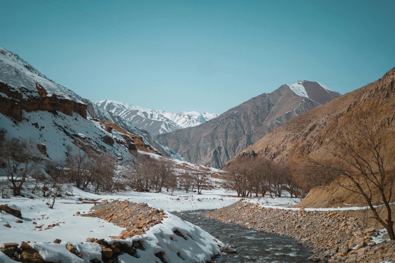 the snow covered landscape of a mountain stream