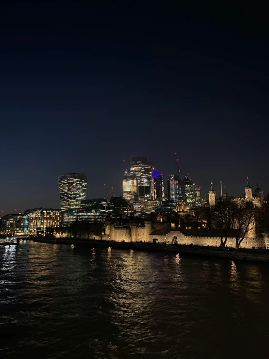 the cityscape lit up at night from across the water