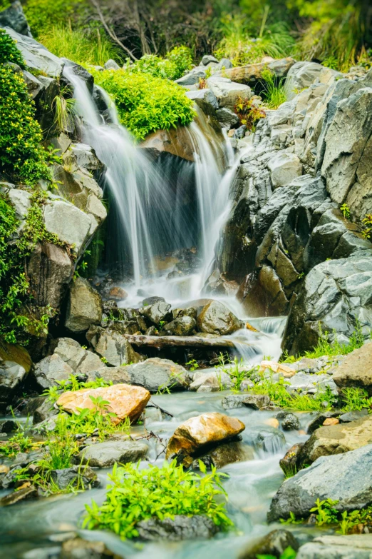 a small waterfall falling into the water surrounded by rocks and plants