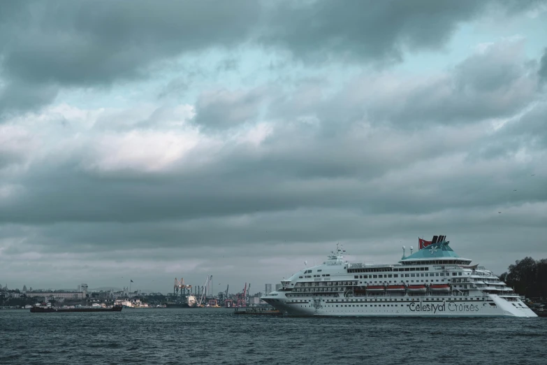 a cruise ship sailing past a large city on a body of water