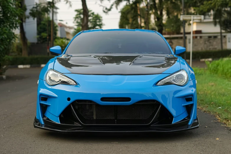 the front view of the blue sports car