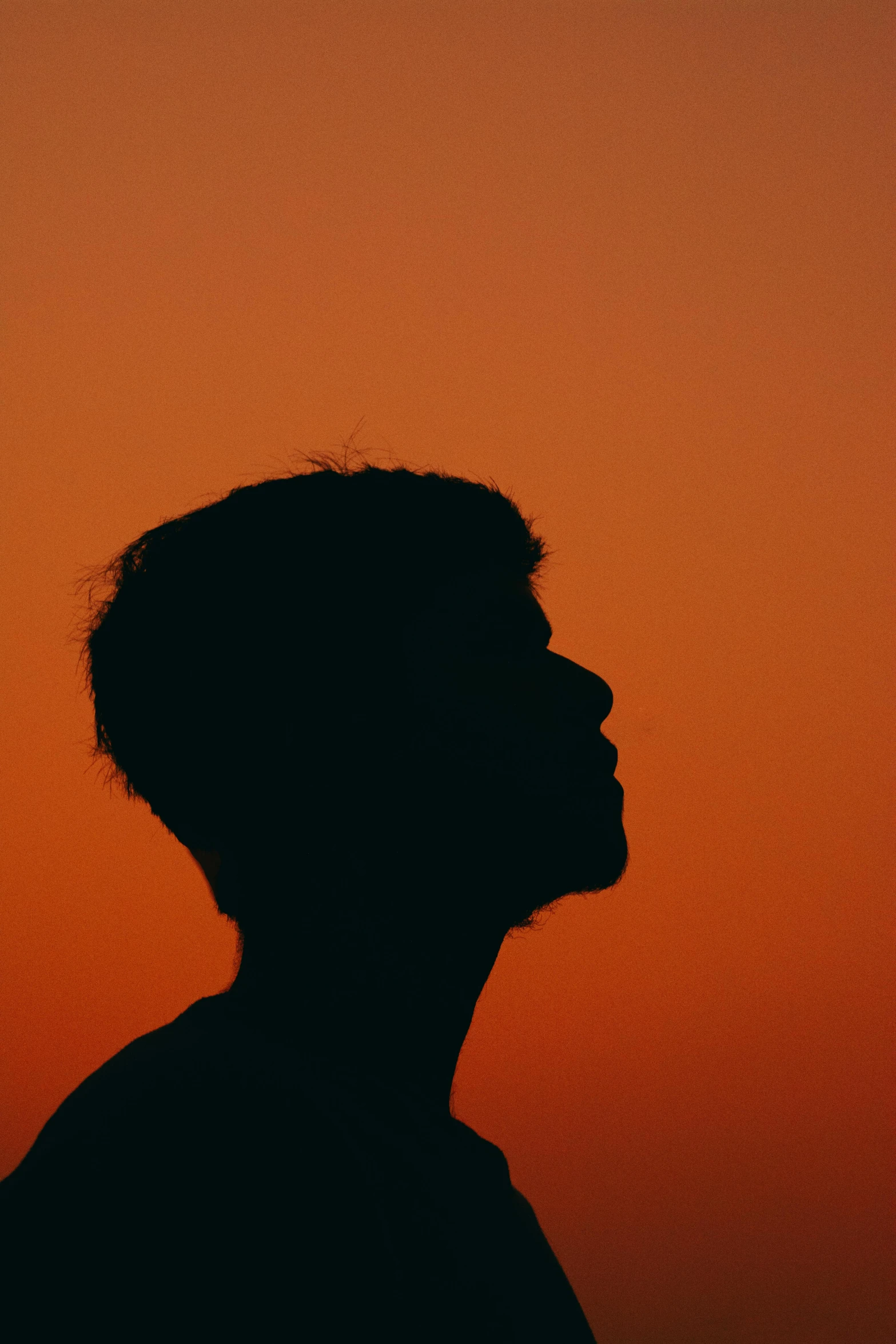 a close up of a person looking off to the side at an orange and red sky