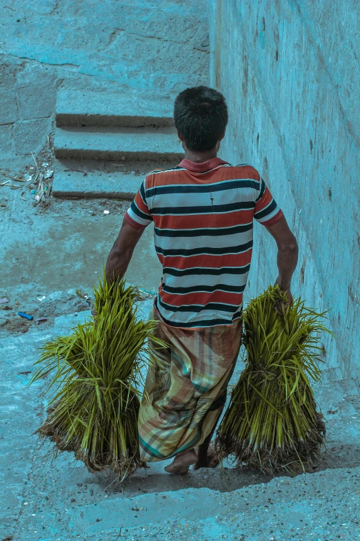 a man with two large grass plants near a building