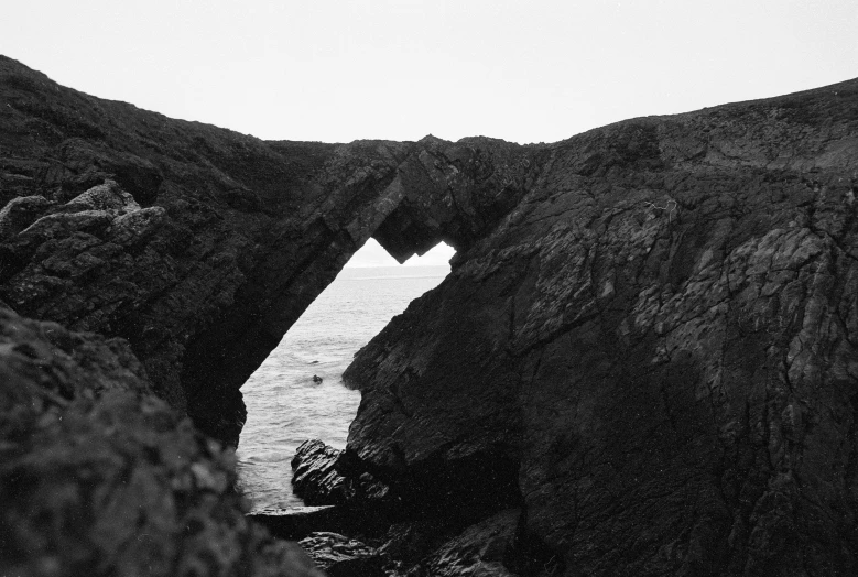 this black and white po is of a window in rocks