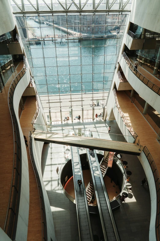 escalators are lined up in a large building